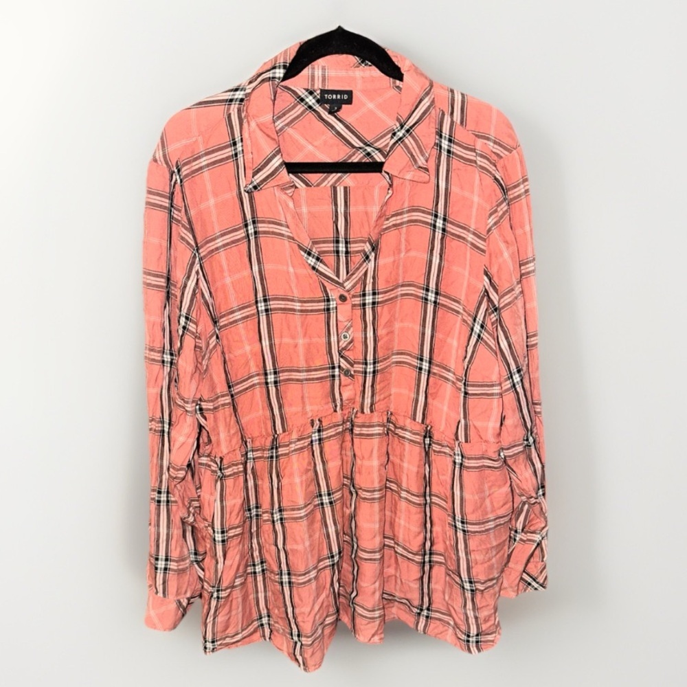 torrid Coral Plaid Button V-Neck Tunic